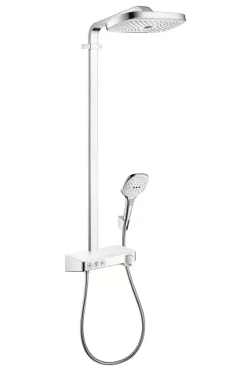 Hansgrohe Duschsystem mit Kopf- und Handbrause, inklusive Wandsteuerung und verstellbarem Schlauch, in Chrom und Weiß.